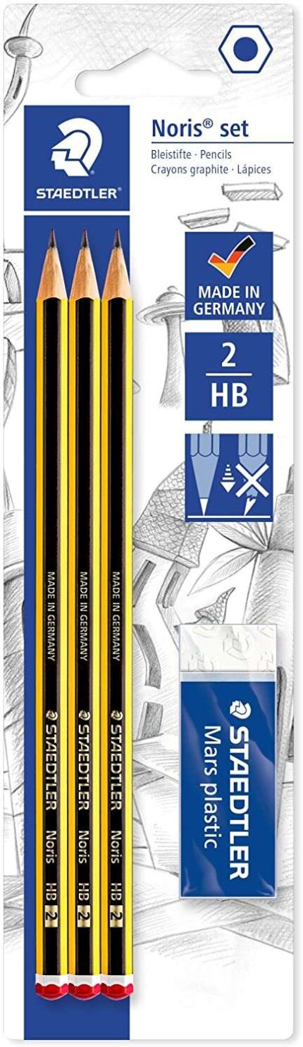 Staedtler Noris 120 Confezione da 3 matite esagonali in grafite 2HB + 1 gomma Mars Plastic - Legno proveniente da foreste sostenibili