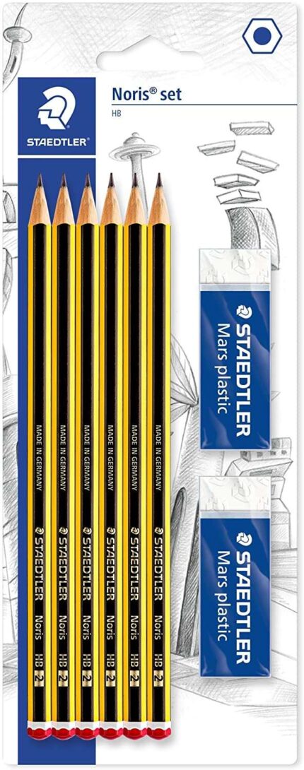 Staedtler Noris 120 Confezione da 6 matite esagonali in grafite 2HB + 2 gomme Mars Plastic - Legno proveniente da foreste sostenibili