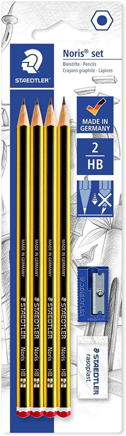 Staedtler Noris 120 Confezione da 4 matite di grafite esagonali 2HB + 1 gomma Rasoplast + 1 temperamatite - Resistenza alla rottura - Legno proveniente da foreste sostenibili