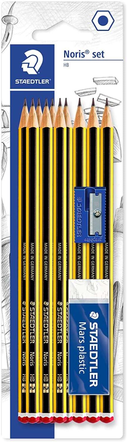Staedtler Noris 120 Confezione da 10 matite esagonali in grafite 2HB + 1 gomma in plastica 526 50 + 1 temperamatite 510 50 - Resistenza alla rottura - Legno proveniente da foreste sostenibili