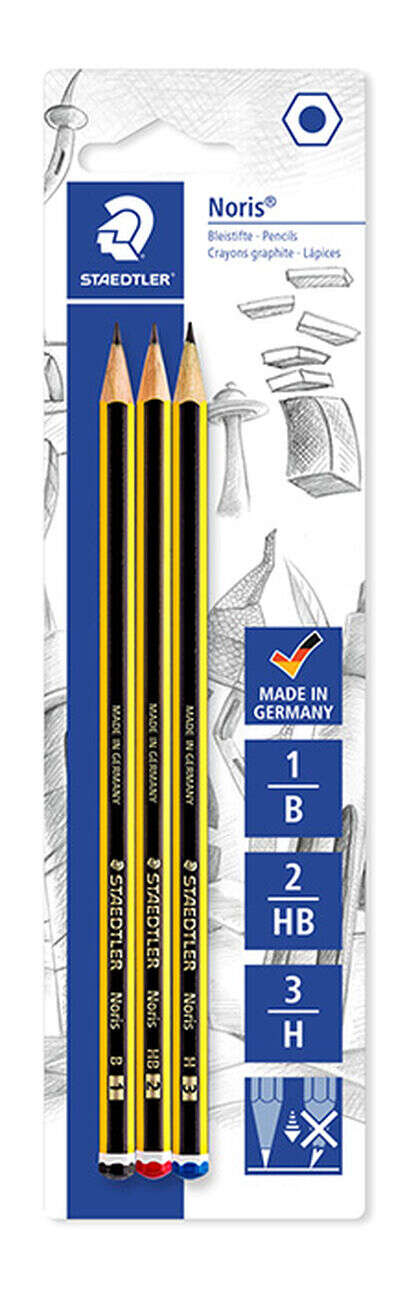 Staedtler Noris 120 Confezione da 3 matite di grafite esagonali - Durezze assortite - Resistenti alla rottura - Legno proveniente da foreste sostenibili