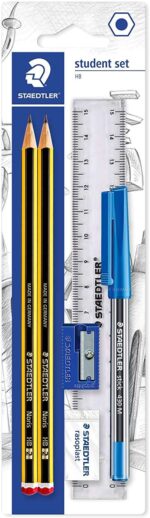 Staedtler Confezione da 2 matite Noris in grafite esagonali 2HB + 1 penna a sfera Stick 430 blu + 1 gomma + 1 temperamatite + 1 righello