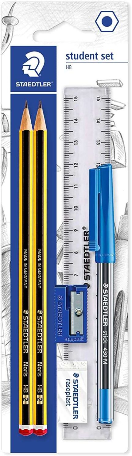 Staedtler Confezione da 2 matite Noris in grafite esagonali 2HB + 1 penna a sfera Stick 430 blu + 1 gomma + 1 temperamatite + 1 righello