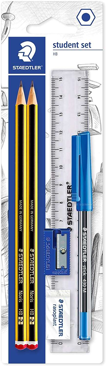 Staedtler Confezione da 2 matite Noris in grafite esagonali 2HB + 1 penna a sfera Stick 430 blu + 1 gomma + 1 temperamatite + 1 righello