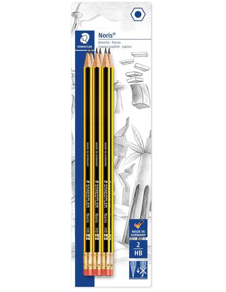 Staedtler Noris 122 Confezione da 6 matite di grafite esagonali 2HB con gomma - Resistenti alla rottura - Legno proveniente da foreste sostenibili