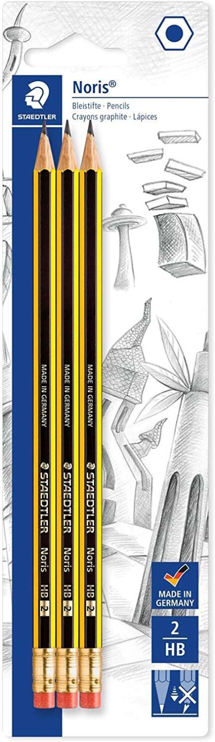 Staedtler Noris 122 Confezione da 3 matite di grafite esagonali 2HB con gomma - Resistenti alla rottura - Legno proveniente da foreste sostenibili