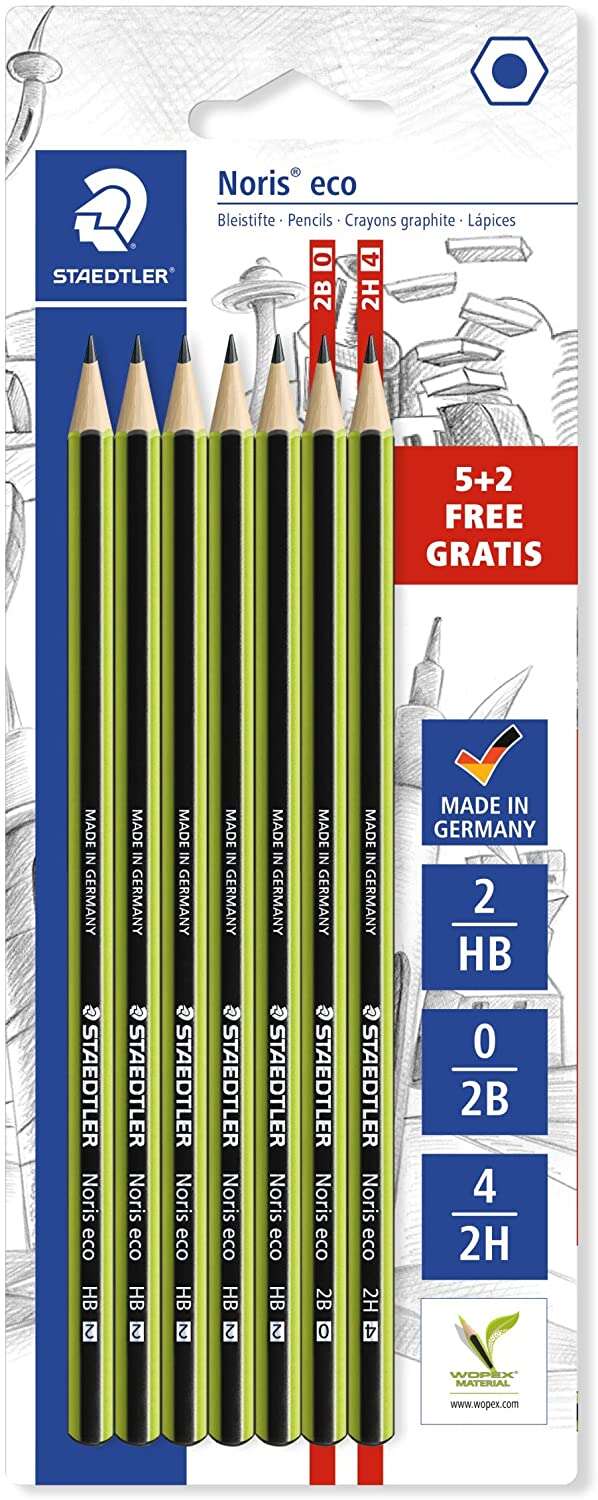 Staedtler Noris Eco Confezione da 7 matite di grafite esagonali - Gradazioni assortite - Superficie vellutata - Mina scorrevole - Resistenza alla rottura -