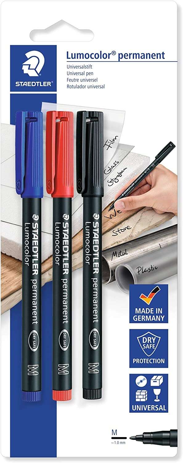 Staedtler Lumocolor Permanent Pen 317 Confezione da 3 pennarelli permanenti - Tratto di circa 1 mm - Asciugatura rapida - Colori assortiti
