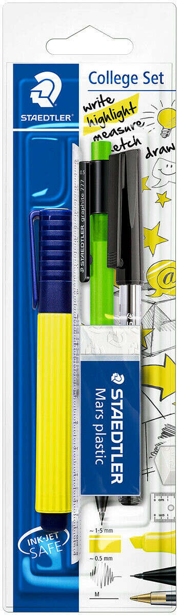 Set scolastico Staedtler composto da 1 pennarello giallo + 1 gomma + 1 penna a sfera nera + 1 portamine da 0