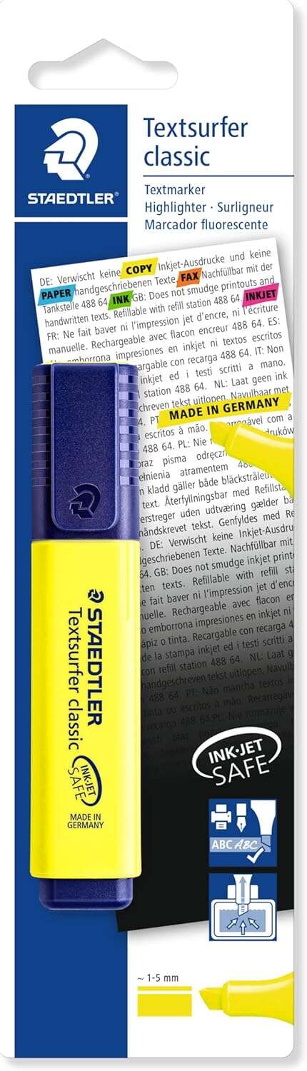 Staedtler Textsurfer Classic 364 Pennarello fluorescente - Punta smussata 1 - 5 mm circa - Asciugatura rapida - Colore giallo fluorescente