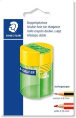 Staedtler 512 Temperamatite in plastica a doppio uso - Angolo di affilatura 23° e 30° - 2 fori - Contenitore - Colori assortiti