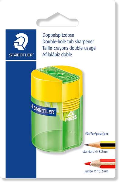 Staedtler 512 Temperamatite in plastica a doppio uso - Angolo di affilatura 23° e 30° - 2 fori - Contenitore - Colori assortiti