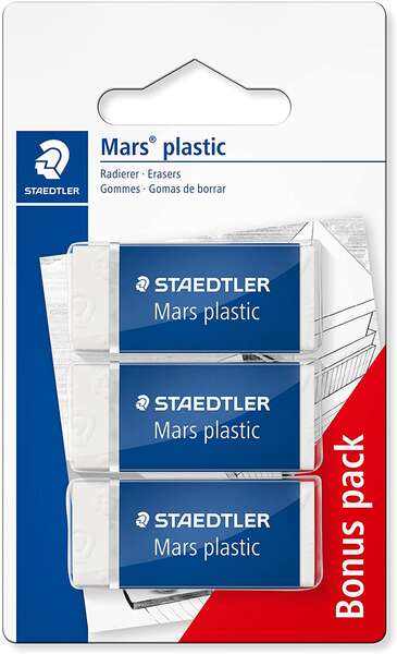 Staedtler Mars Plastic Confezione da 3 gomme da cancellare - Plastica - Alta precisione - Colore bianco