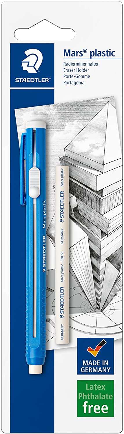Staedtler Mars Plastic 528 50 Confezione da 1 portagomma a forma di matita + 1 gomma di ricambio - Con cursore per far scorrere la gomma - Senza ftalati né lattice