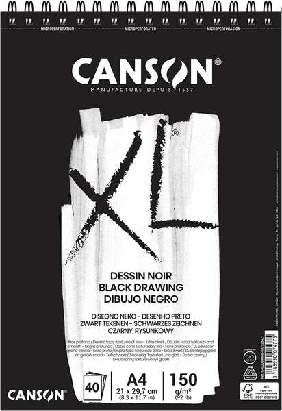 Canson XL Black Bloc da 40 fogli A4 150 g - Grana fine - Spirale microperforata - Colore nero