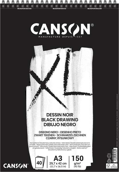 Canson XL Black Bloc da 40 fogli neri 150 g A3 - Grana fine - Spirale microperforata
