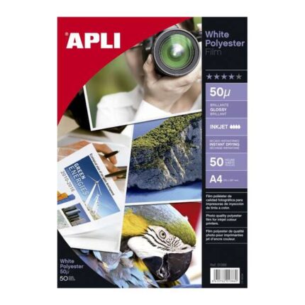 Apli Film Poliestere Bianco Adesivo A4 - Finitura Lucida - Asciugatura Istantanea - 50 fogli