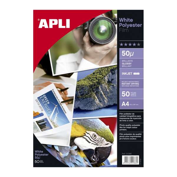 Apli Film Poliestere Bianco Adesivo A4 - Finitura Lucida - Asciugatura Istantanea - 50 fogli