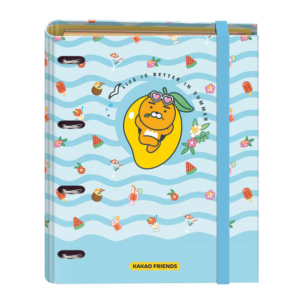 Dohe Kakao Friends Summer Holiday Raccoglitore a 4 anelli formato A4 con ricambio da 100 fogli - 4 divisori colorati - Chiusura con elastico - Anelli da 35 mm
