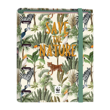 Dohe WWF Save the Nature Raccoglitore ad anelli formato A4 con ricambio di 100 fogli - 4 divisori in polipropilene colorati - Chiusura con elastico - Anelli da 35 mm