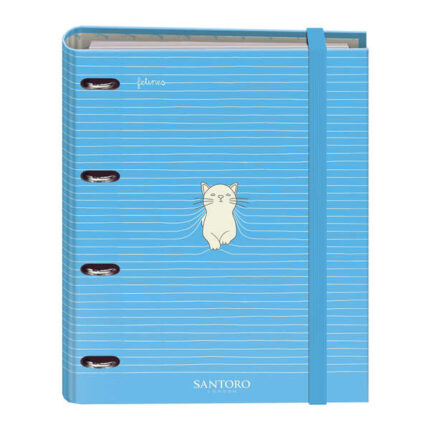 Dohe Santoro Felines Raccoglitore a 4 anelli formato A4 con ricambio da 100 fogli - 4 divisori colorati - Chiusura con elastico - Anelli da 35 mm