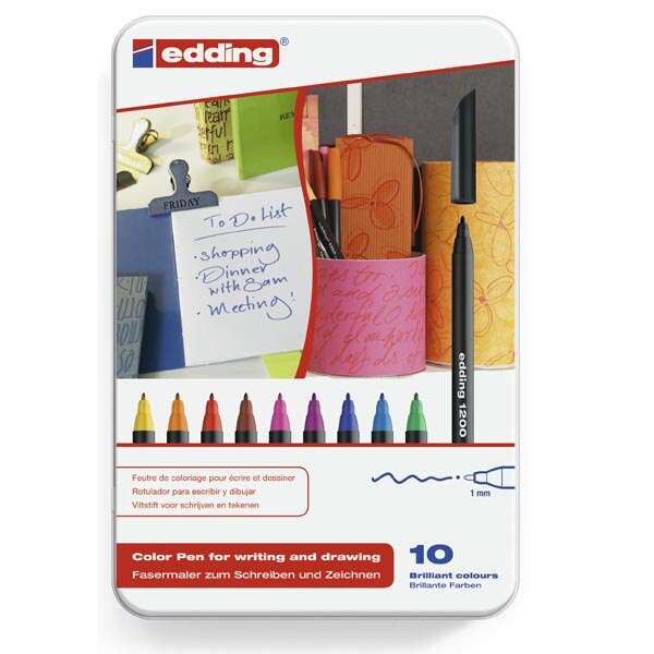 Edding 1200 Scatola metallica con 10 pennarelli - Punta tonda - Tratto 1 mm - Inchiostro a base d'acqua Edding 1200 Scatola metallica con 10 pennarelli - Punta tonda - Tratto 1 mm - Inchiostro a base d'acqua