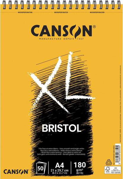 Canson Bloc XL Bristol Extraliso A4 da 50 fogli 180 g - Finitura satinata - Molto resistente - Colore bianco