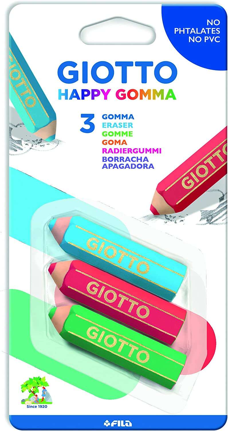 Giotto Happy Gomma Confezione da 3 gomme da cancellare - Plastica - Colori assortiti