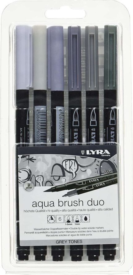 Lyra Aqua Brush Duo Pack 6 pennarelli a doppia punta - Tratti 1-5 e 1 mm - Inchiostro a base d'acqua - Colori toni di grigio