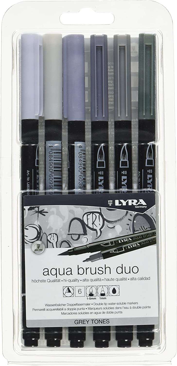 Lyra Aqua Brush Duo Pack 6 pennarelli a doppia punta - Tratti 1-5 e 1 mm - Inchiostro a base d'acqua - Colori toni di grigio