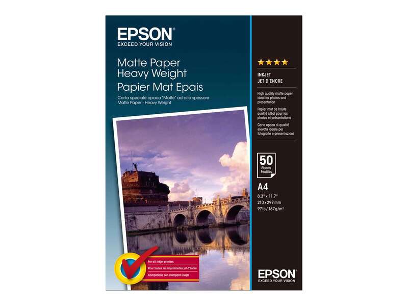 Epson C13S041256 Carta fotografica A4 167 g - Finitura opaca - 50 fogli - per stampanti a getto d'inchiostro Epson C13S041256 Carta fotografica A4 167 g - Finitura opaca - 50 fogli - per stampanti a getto d'inchiostro