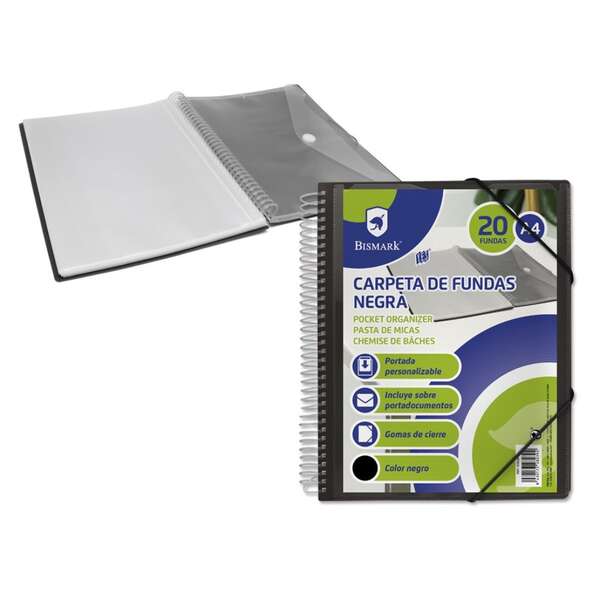 Bismark Raccoglitore con 20 buste trasparenti - Formato A4 - Include busta porta documenti - Chiusura con elastici