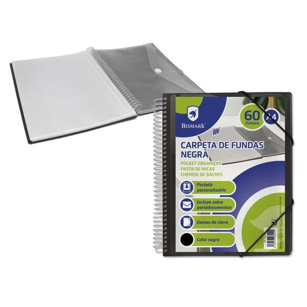 Bismark Cartellina con 60 buste trasparenti - Formato A4 - Include busta porta documenti - Chiusura con elastici Bismark Cartellina con 60 buste trasparenti - Formato A4 - Include busta porta documenti - Chiusura con elastici