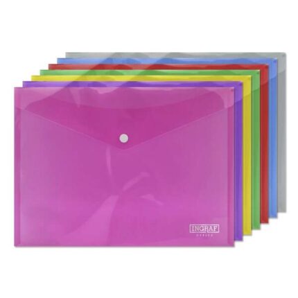 Ingraf Confezione da 10 buste con chiusura a clip - Polipropilene - Formato A4 - Colori assortiti