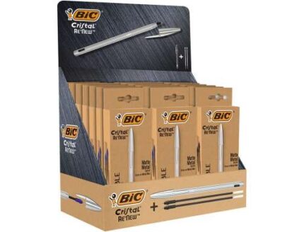 Bic Cristal Re´new Espositore da 21 penne a sfera con corpo in metallo + 2 ricariche + 50 Bic Cristal Blu in omaggio - 15 inchiostro blu e 6 inchiostro nero - Punta media da 1