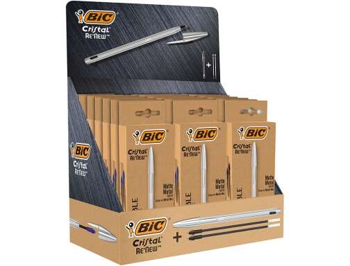 Bic Cristal Re´new Espositore da 21 penne a sfera con corpo in metallo + 2 ricariche + 50 Bic Cristal Blu in omaggio - 15 inchiostro blu e 6 inchiostro nero - Punta media da 1
