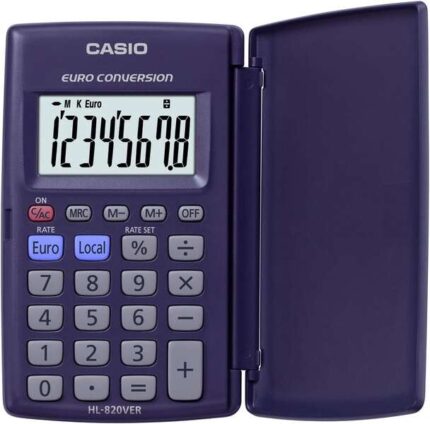 Casio HL820VER Calcolatrice con coperchio - Funzione di conversione in euro - Display LCD a 8 cifre - Colore blu