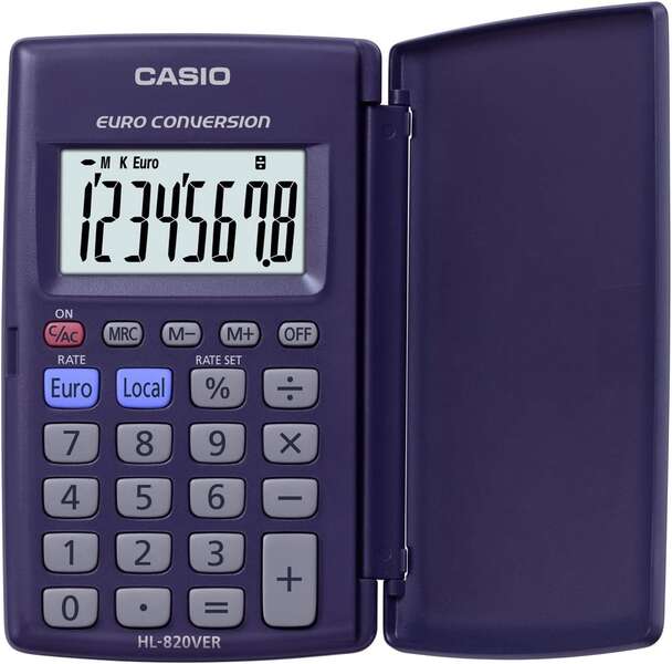 Casio HL820VER Calcolatrice con coperchio - Funzione di conversione in euro - Display LCD a 8 cifre - Colore blu