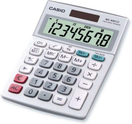 Casio MS88ECO Calcolatrice da tavolo finanziaria - Conversione di valuta - Calcolo delle imposte - Display LCD a 8 cifre - Alimentazione solare e a batterie