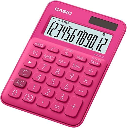 Casio MS-7UC Calcolatrice da tavolo a 10 cifre - Doppio tasto zero - Indicatori di virgola a 3 cifre - Pressione simultanea dei tasti - Alimentazione solare e a batterie - Colore fucsia