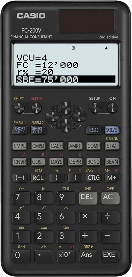 Casio FC200V Calcolatrice finanziaria - Display a 4 righe - Visualizzazione simultanea di più parametri - Tasti di accesso diretto personalizzabili - Alimentazione a batterie e solare
