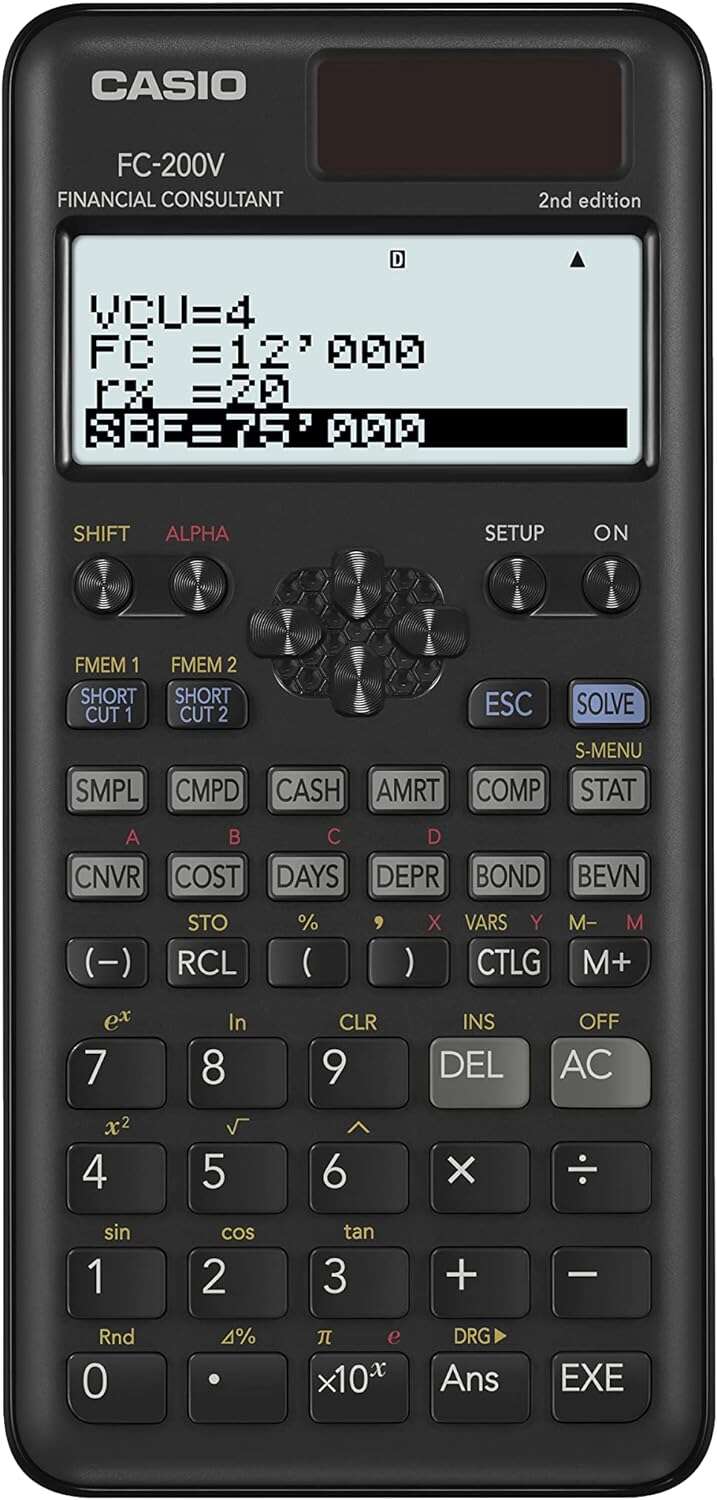 Casio FC200V Calcolatrice finanziaria - Display a 4 righe - Visualizzazione simultanea di più parametri - Tasti di accesso diretto personalizzabili - Alimentazione a batterie e solare