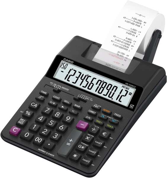 Casio HR150RCE Calcolatrice stampante da tavolo - Display a 12 cifre - Larghezza carta 58 mm - Stampa ora e data - Alimentazione a batterie