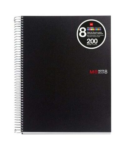 Miquel Rius Notebook8 Quaderno a spirale formato A4 - 200 fogli da 70 g microperforati con 4 fori - Copertina in polipropilene - Griglia 5x5 - Colore nero