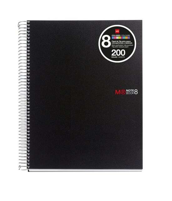 Miquel Rius Notebook8 Quaderno a spirale formato A4 - 200 fogli da 70 g microperforati con 4 fori - Copertina in polipropilene - Griglia 5x5 - Colore nero