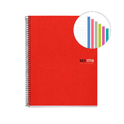 Miquel Rius Notebook6 Quaderno a spirale formato A4 - 150 fogli da 70 g microperforati con 2 fori - Copertina in polipropilene - Griglia 5x5 - Colore rosso