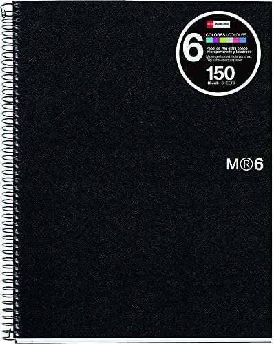 Miquel Rius Notebook6 Quaderno a spirale formato A4 orizzontale 7 mm - 150 fogli da 70 g microperforati con 4 fori - Copertina in polipropilene - Colore nero