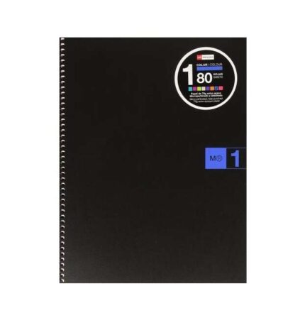 Miquel Rius Notebook1 Quaderno a spirale formato A4 - 80 fogli microperforati con 4 fori - Griglia 5x5 - Fascia dei fogli blu - Copertina in polipropilene - Colore nero
