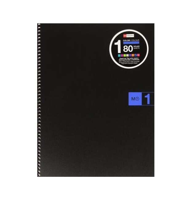 Miquel Rius Notebook1 Quaderno a spirale formato A4 - 80 fogli microperforati con 4 fori - Griglia 5x5 - Fascia dei fogli blu - Copertina in polipropilene - Colore nero