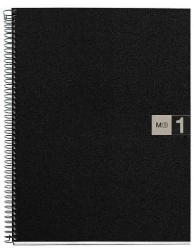 Miquel Rius Notebook1 Quaderno a spirale formato A4 - 80 fogli microperforati con 4 fori - Griglia 5x5 - Bordo dei fogli grigio - Copertina in polipropilene - Colore nero